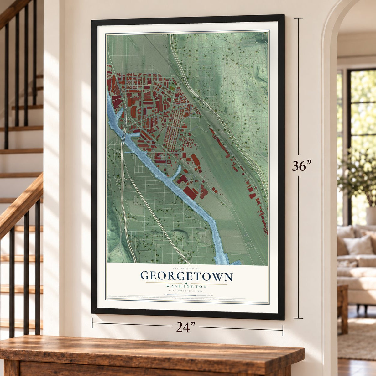 Georgetown, Washington map, 24 x 36 inch print in a black frame by a staircase