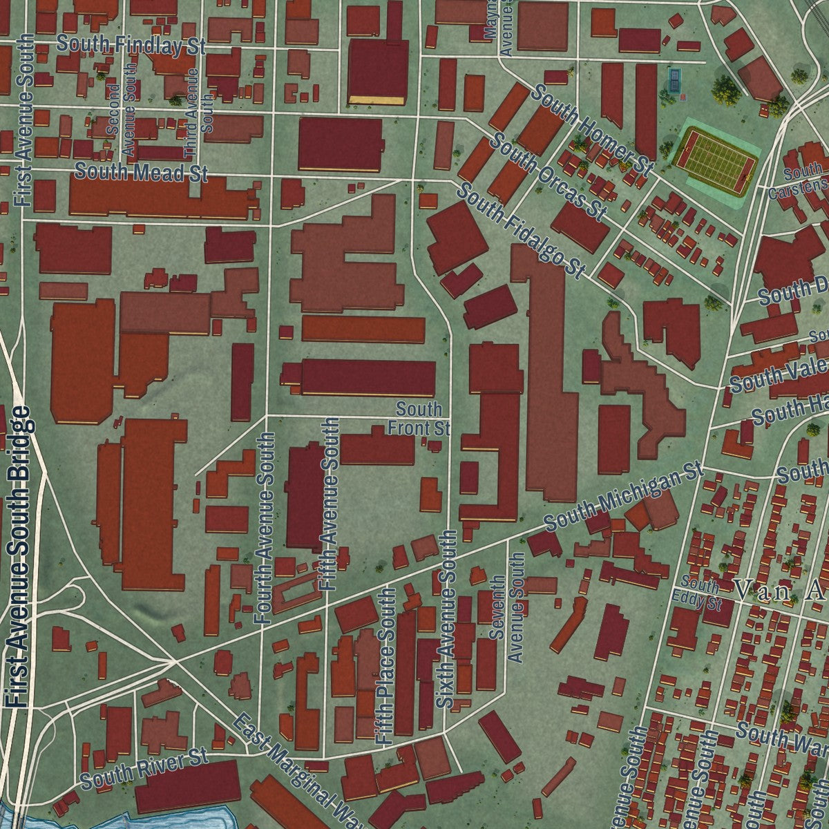 Close-up of the map of Georgetown, Washington print showing street and building detail