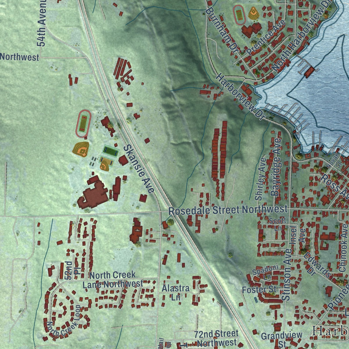Second close-up of the map of Gig Harbor, Washington print showing more streets and buildings