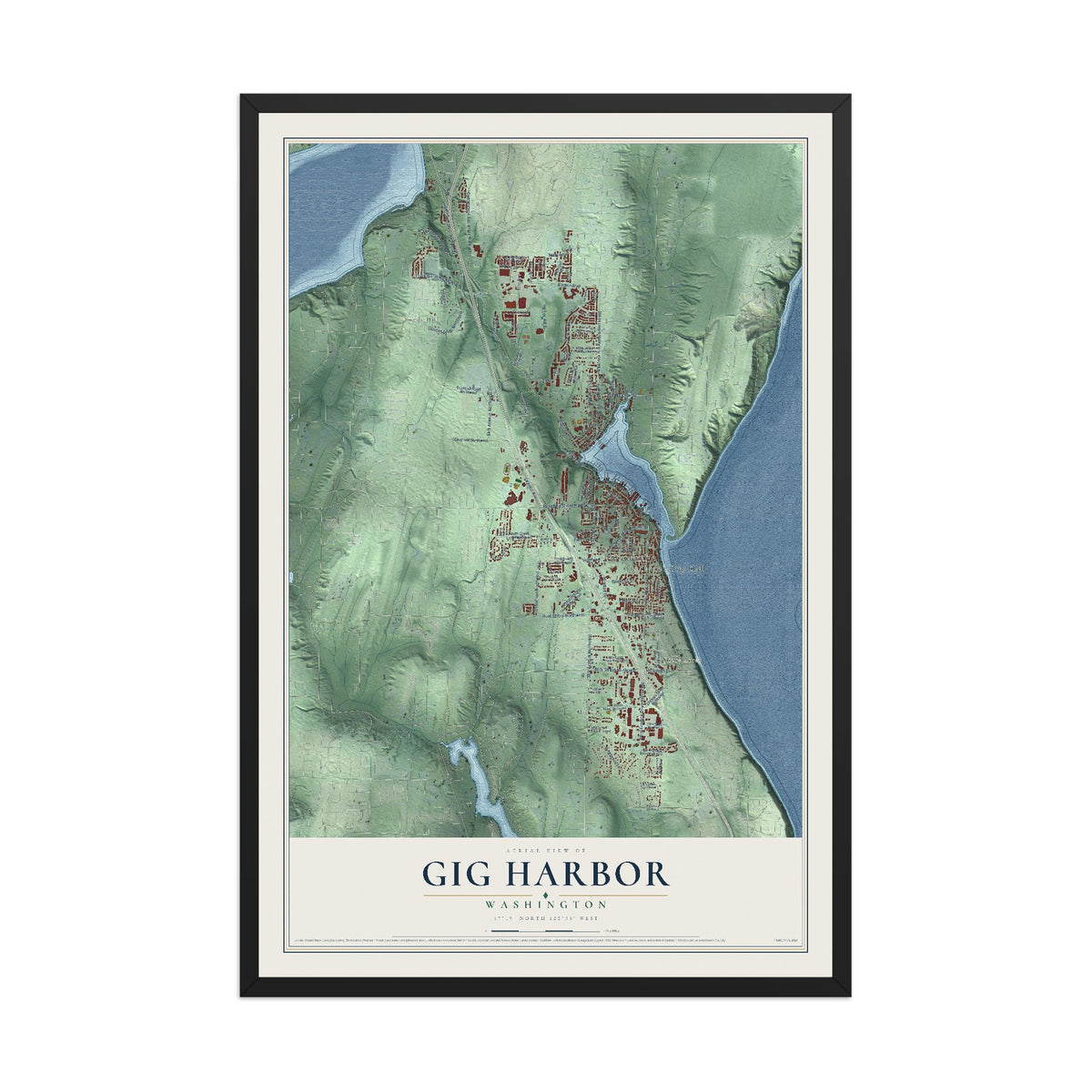 Map of Gig Harbor, Washington, 12 x 18 inch print in a black wood frame