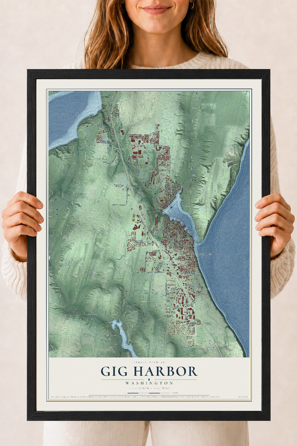 Map of Gig Harbor, Washington, 18 x 24 inch print in a black wood frame