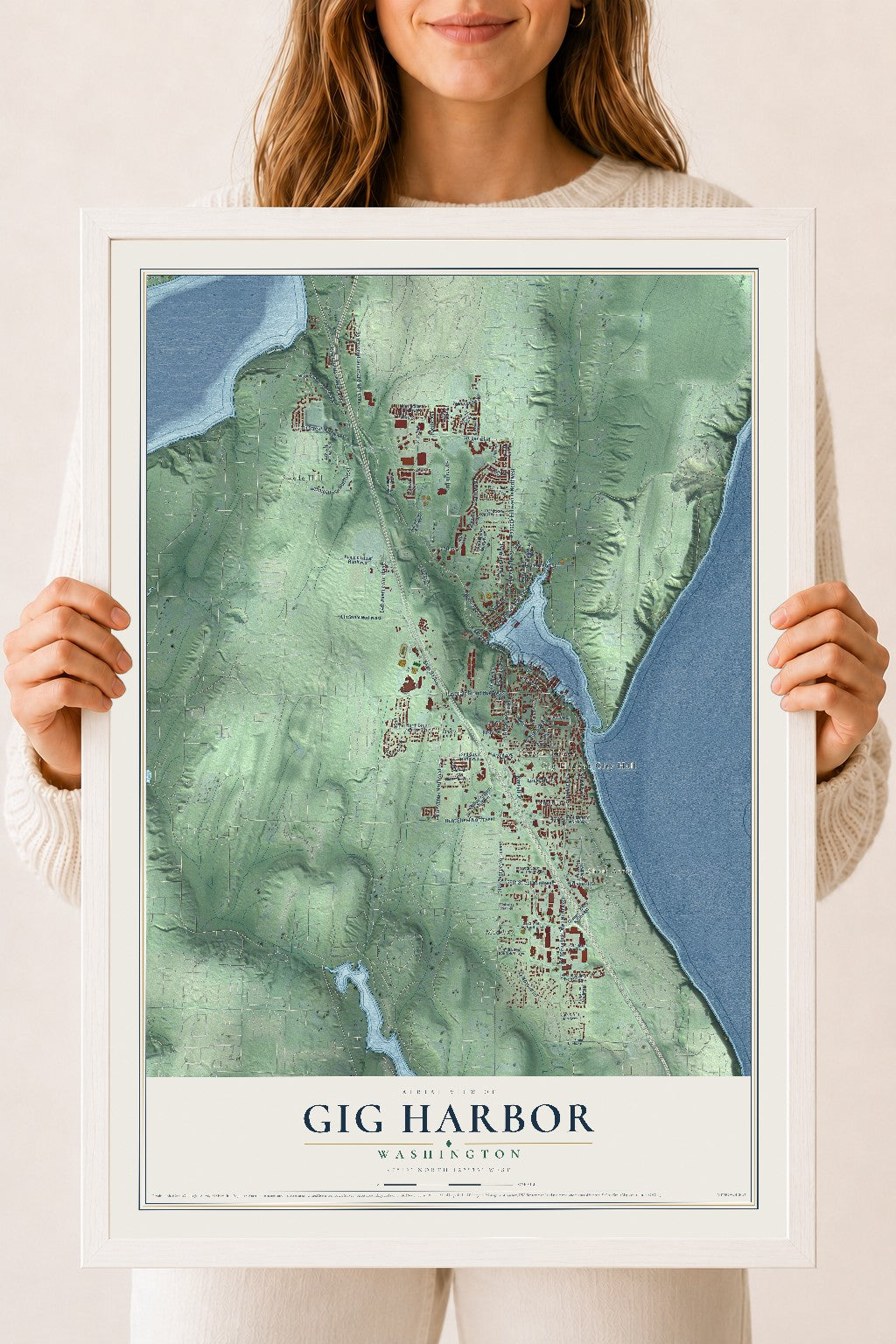 Map of Gig Harbor, Washington, 18 x 24 inch print in a white wood frame