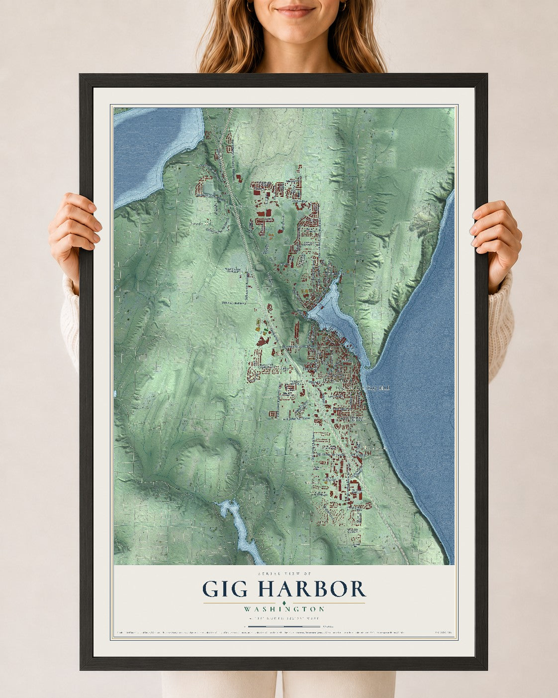Map of Gig Harbor, Washington, 24 x 36 inch print in a black wood frame