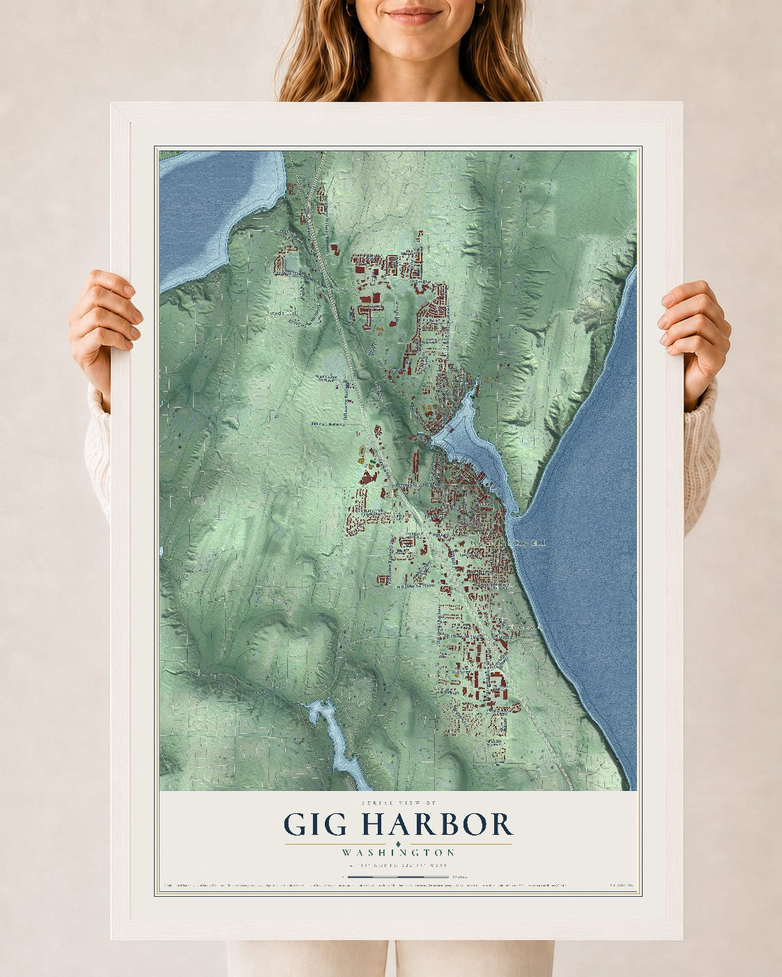Map of Gig Harbor, Washington, 24 x 36 inch print in a white wood frame