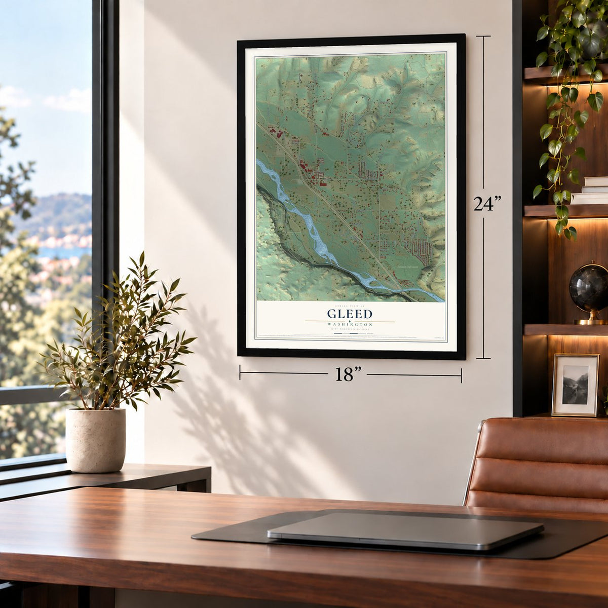 Gleed, Washington map, 18 x 24 inch print in a black frame in a home office