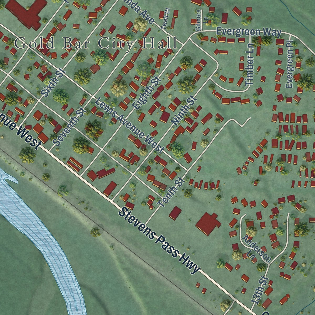 Close-up of the map of Gold Bar, Washington print showing street and building detail