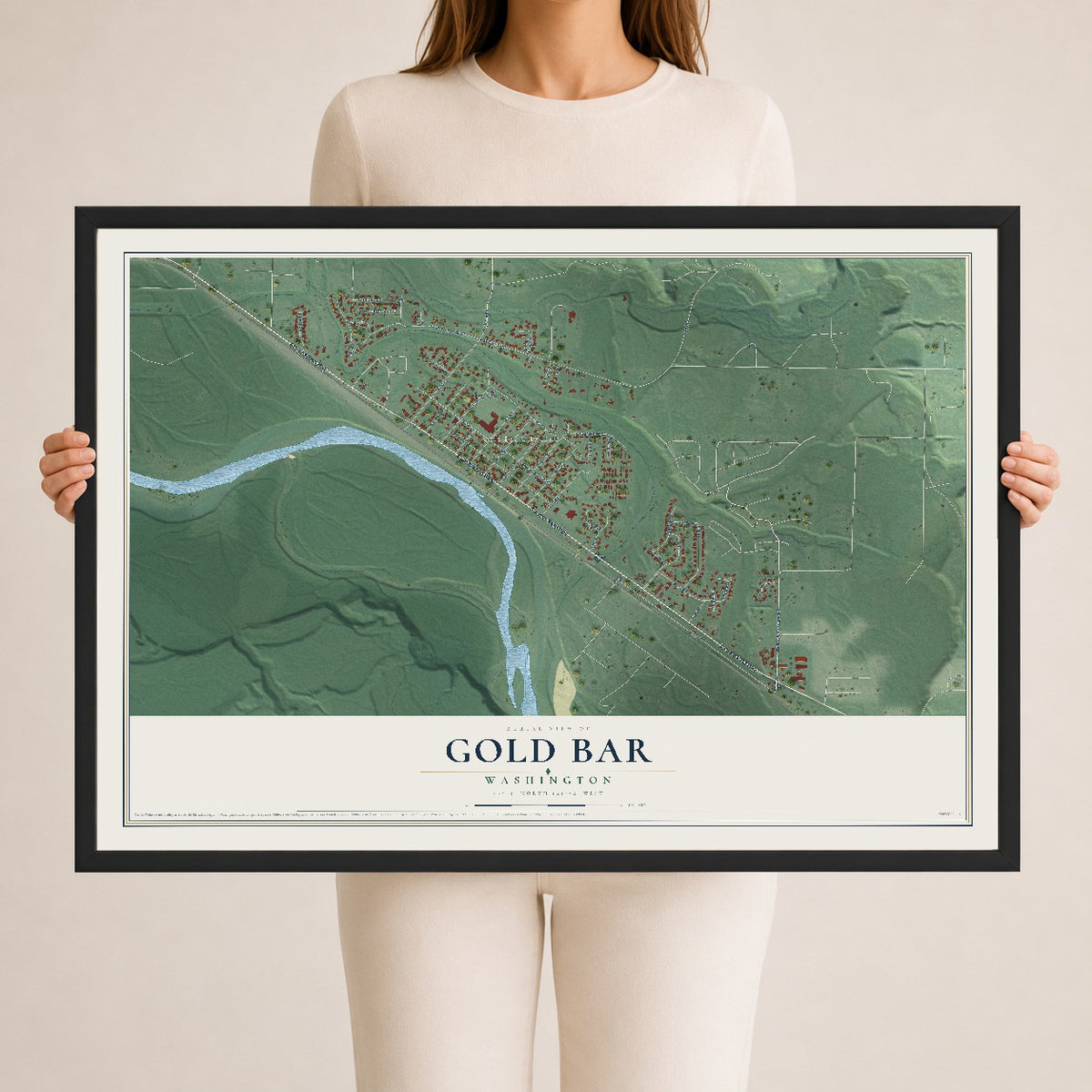 Map of Gold Bar, Washington, 24 x 36 inch print in a black wood frame