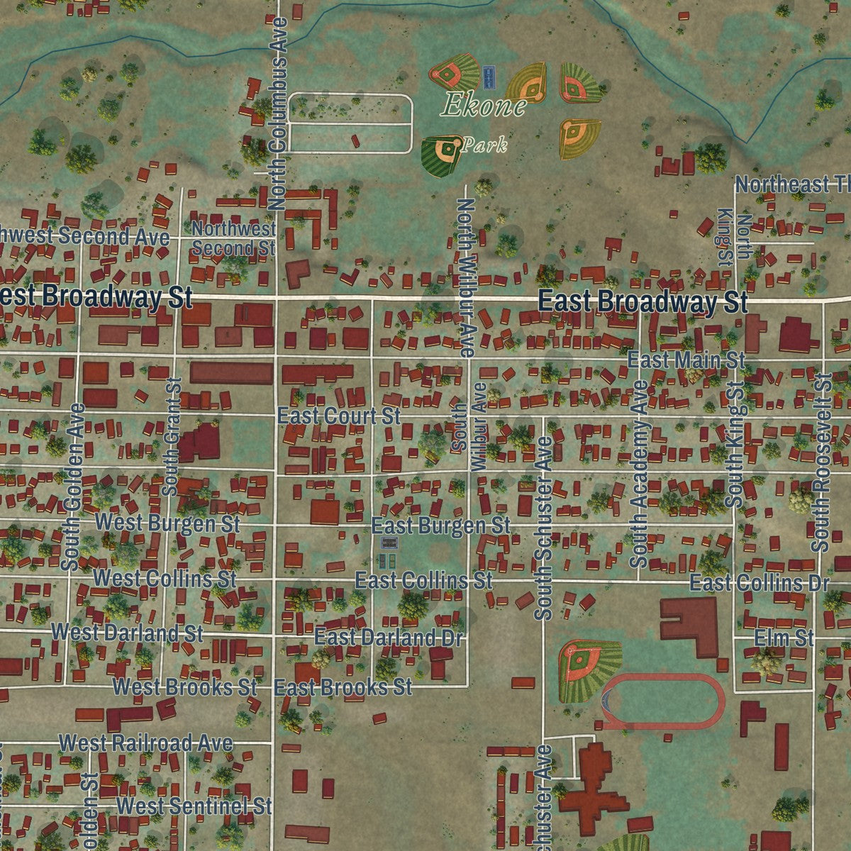Close-up of the map of Goldendale, Washington print showing street and building detail
