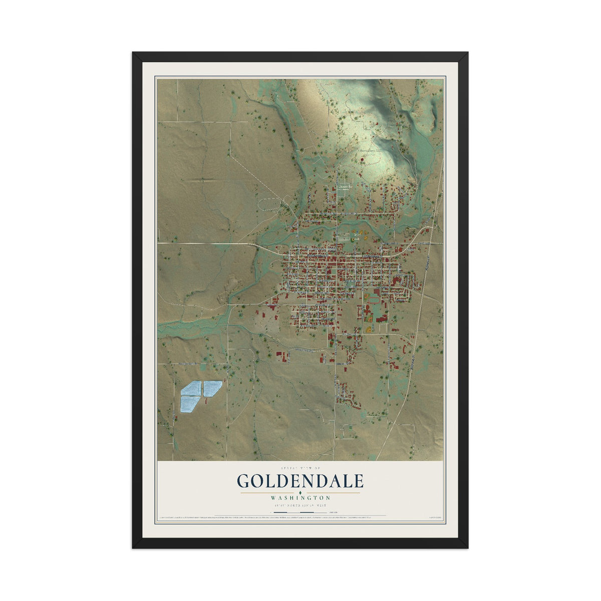 Map of Goldendale, Washington, 12 x 18 inch print in a black wood frame