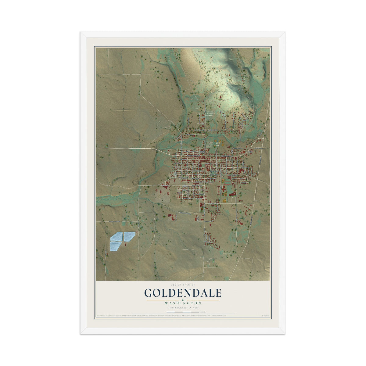 Map of Goldendale, Washington, 12 x 18 inch print in a white wood frame