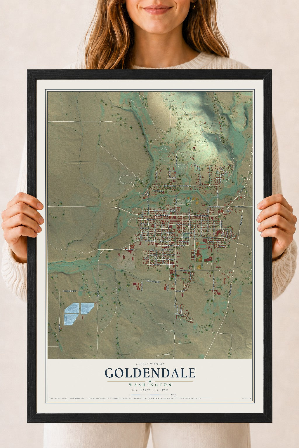 Map of Goldendale, Washington, 18 x 24 inch print in a black wood frame
