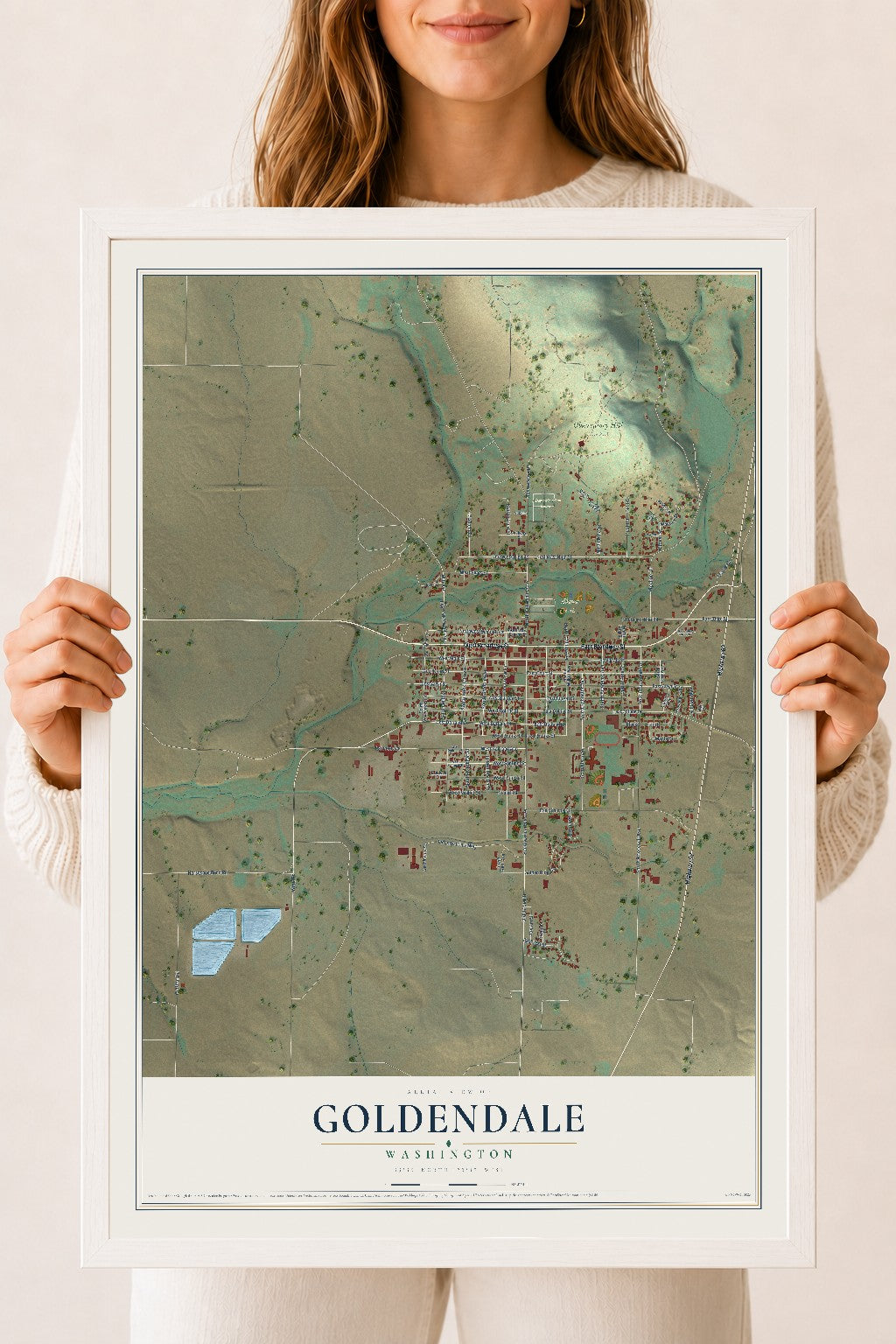 Map of Goldendale, Washington, 18 x 24 inch print in a white wood frame