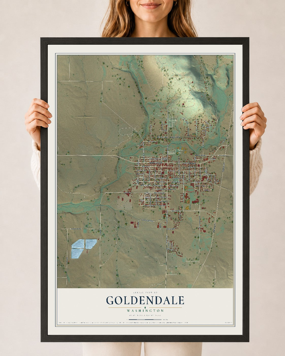 Map of Goldendale, Washington, 24 x 36 inch print in a black wood frame