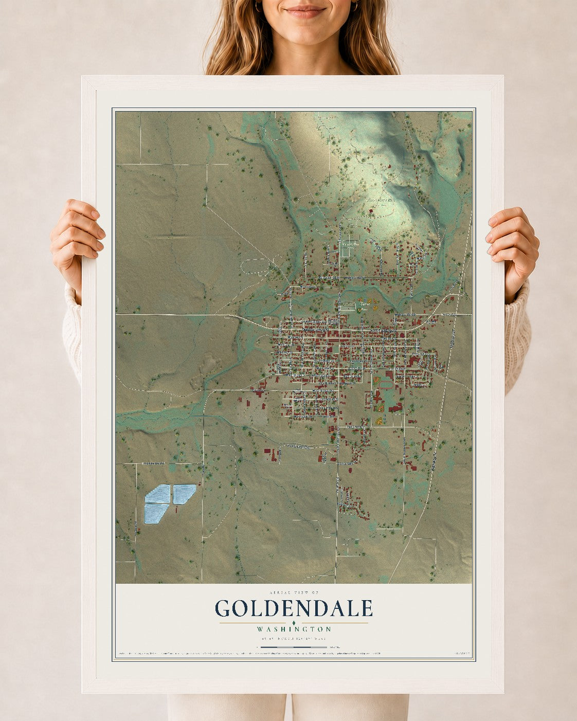 Map of Goldendale, Washington, 24 x 36 inch print in a white wood frame