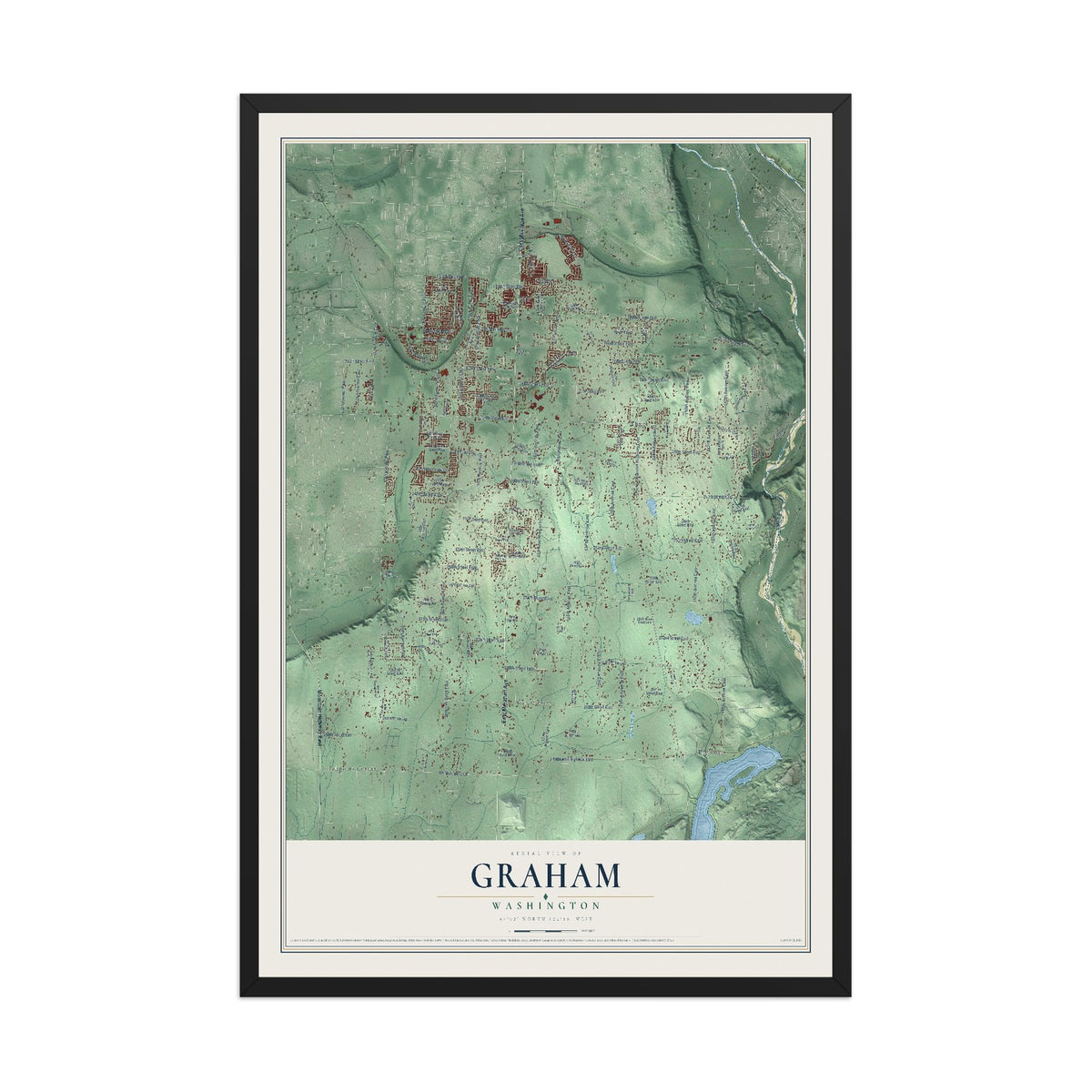 Map of Graham, Washington, 12 x 18 inch print in a black wood frame