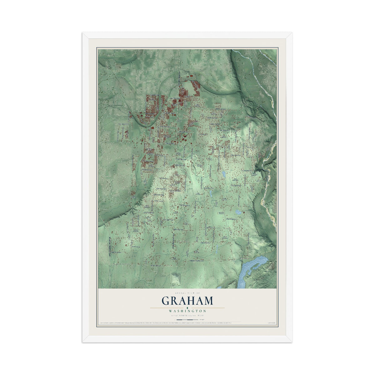 Map of Graham, Washington, 12 x 18 inch print in a white wood frame