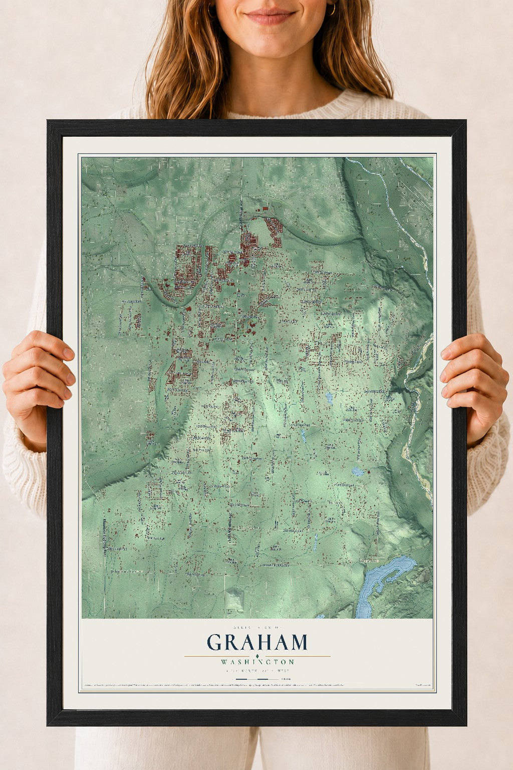 Map of Graham, Washington, 18 x 24 inch print in a black wood frame