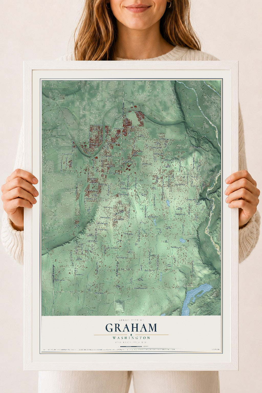 Map of Graham, Washington, 18 x 24 inch print in a white wood frame