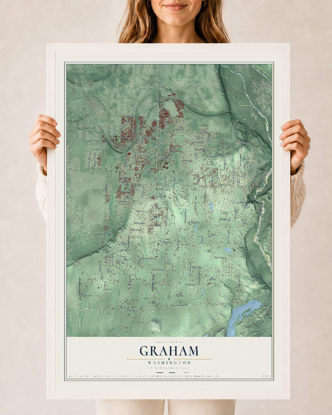 Map of Graham, Washington, 24 x 36 inch print in a white wood frame
