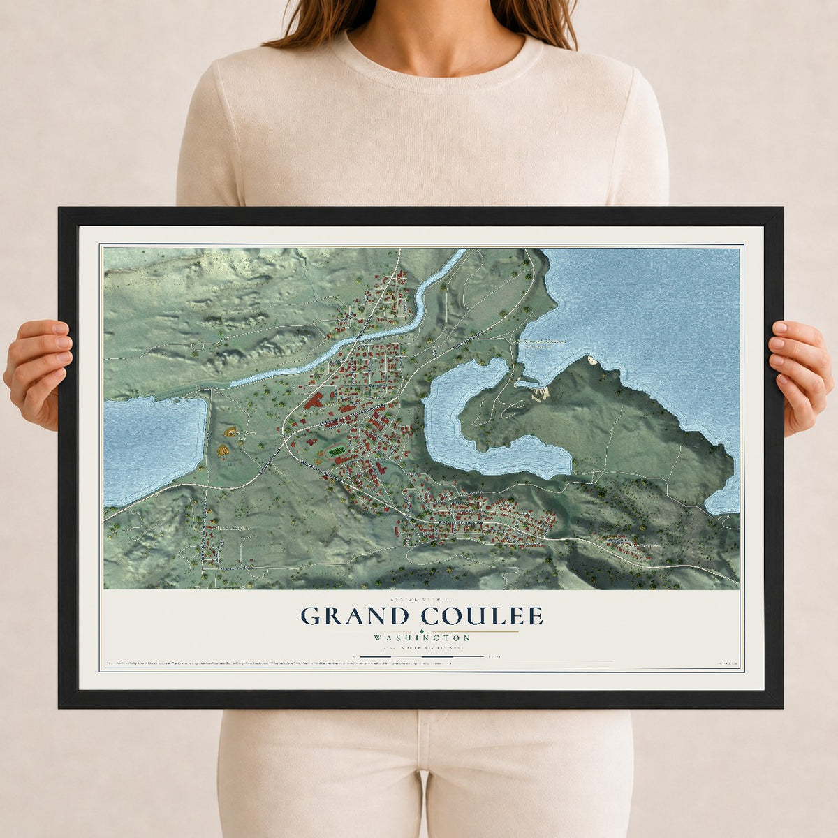 Map of Grand Coulee, Washington, 12 x 18 inch print in a black wood frame