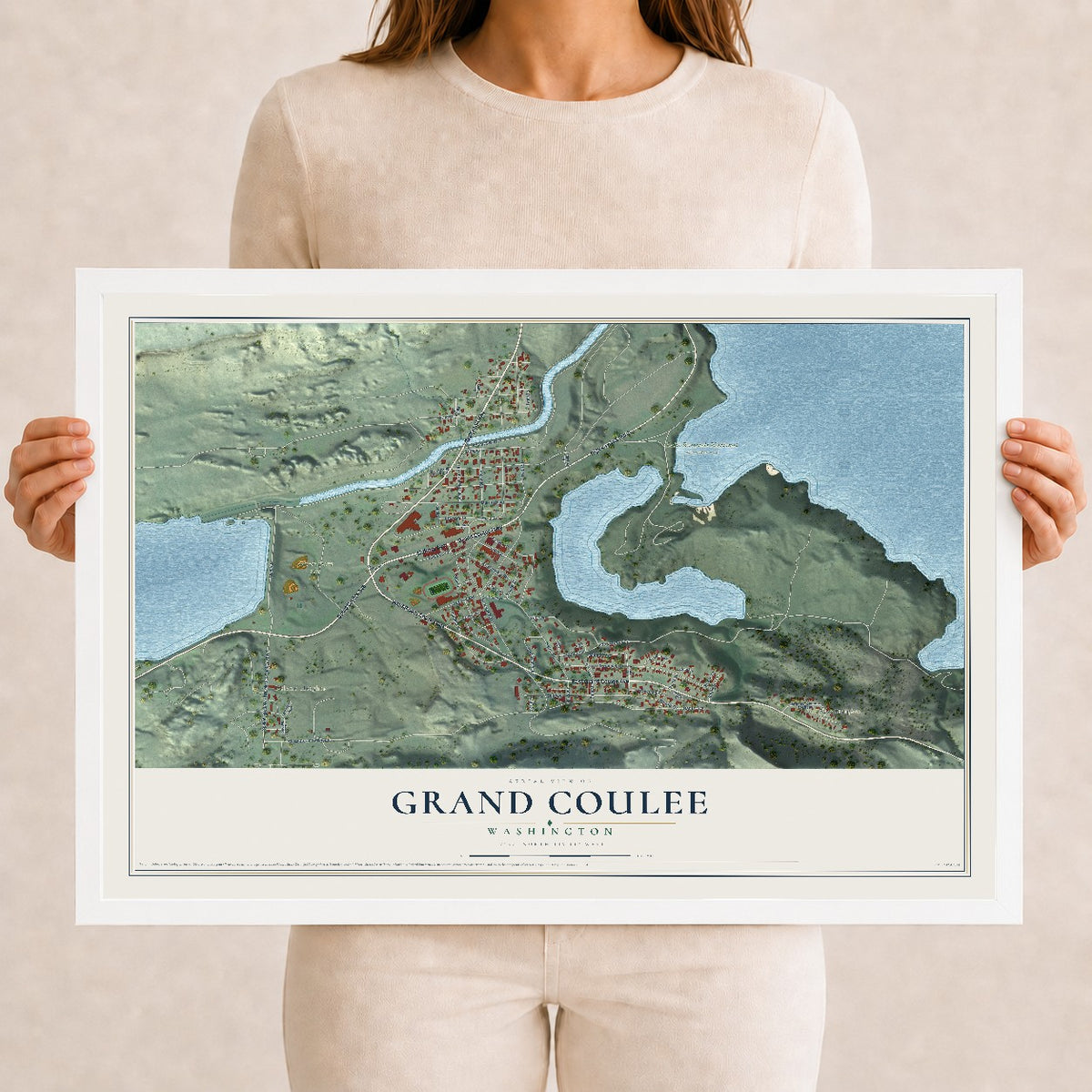 Map of Grand Coulee, Washington, 12 x 18 inch print in a white wood frame
