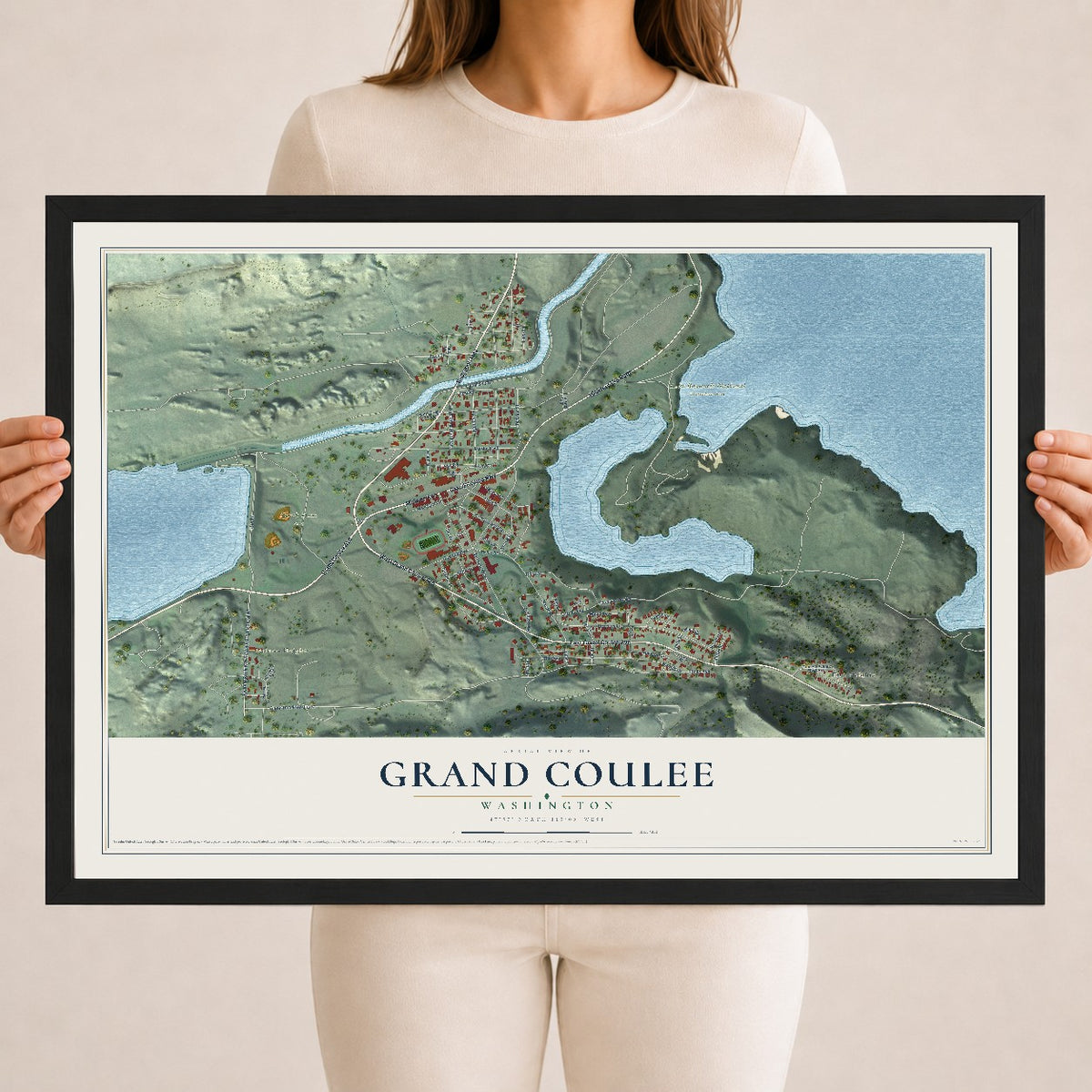Map of Grand Coulee, Washington, 18 x 24 inch print in a black wood frame