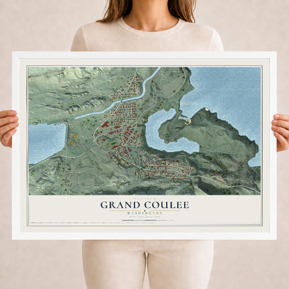 Map of Grand Coulee, Washington, 18 x 24 inch print in a white wood frame