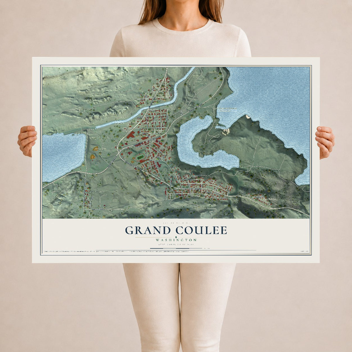 Map of Grand Coulee, Washington, 24 x 36 inch unframed archival matte print
