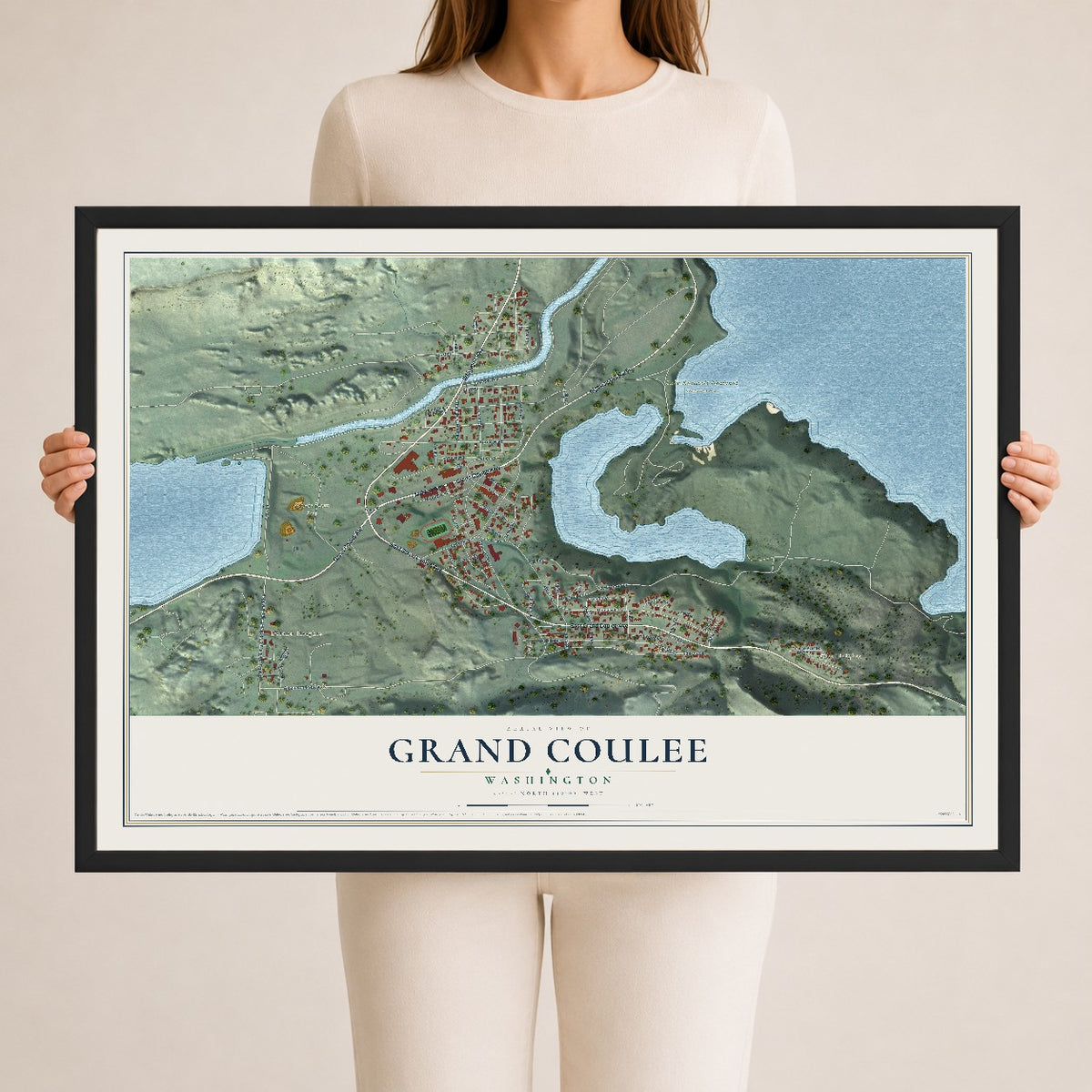 Map of Grand Coulee, Washington, 24 x 36 inch print in a black wood frame