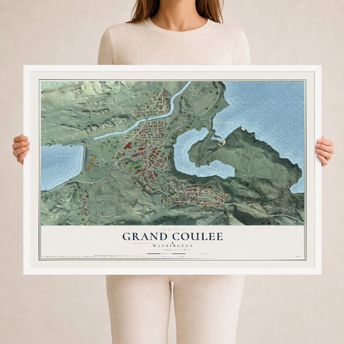 Map of Grand Coulee, Washington, 24 x 36 inch print in a white wood frame