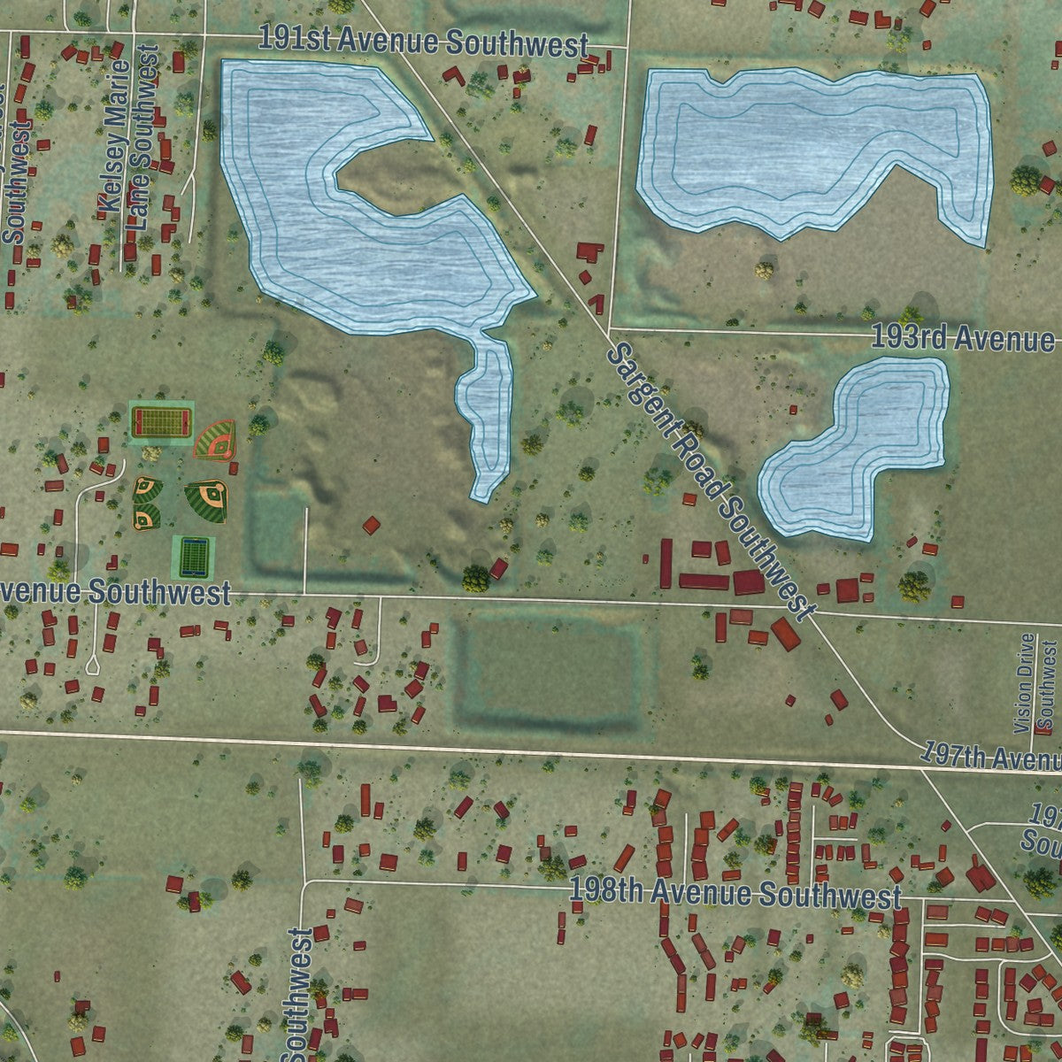 Close-up of the map of Grand Mound, Washington print showing street and building detail