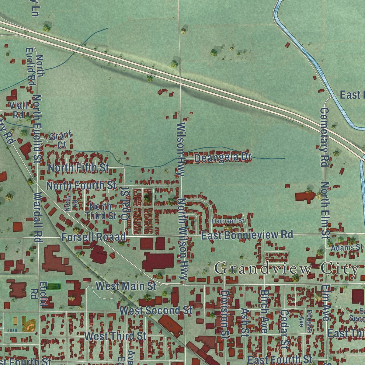 Close-up of the map of Grandview, Washington print showing street and building detail