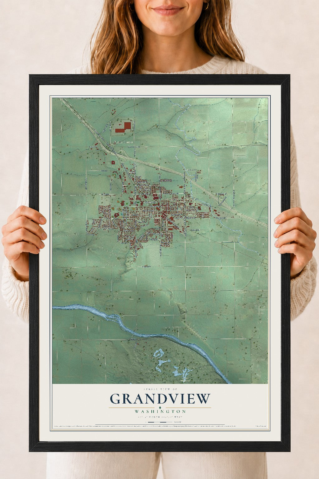 Map of Grandview, Washington, 18 x 24 inch print in a black wood frame