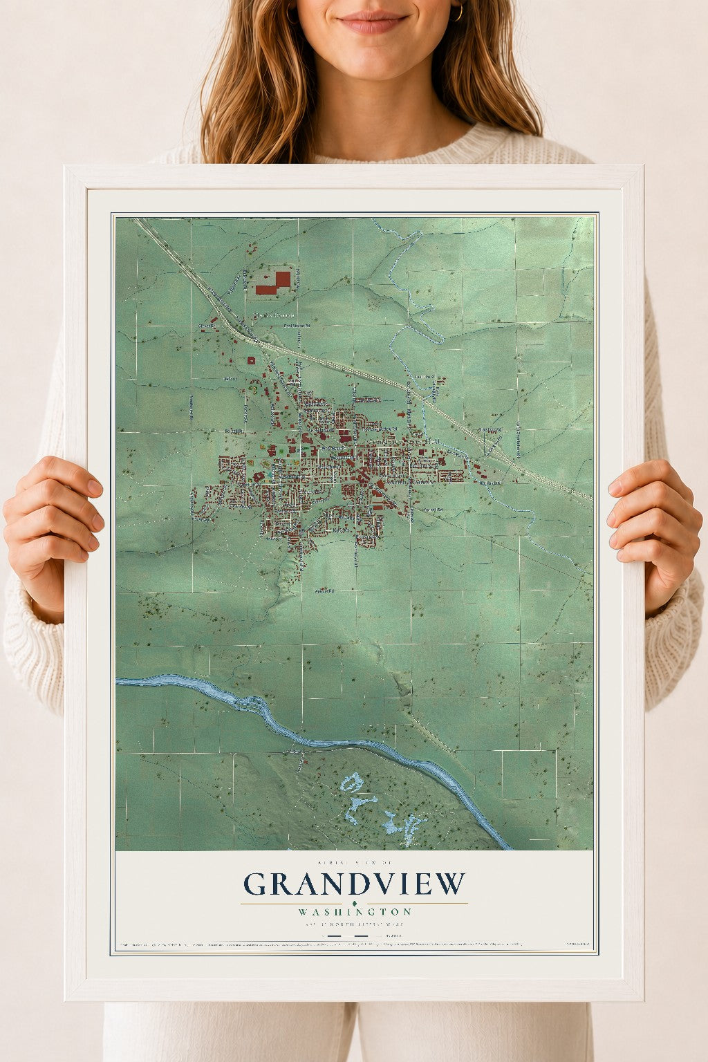 Map of Grandview, Washington, 18 x 24 inch print in a white wood frame