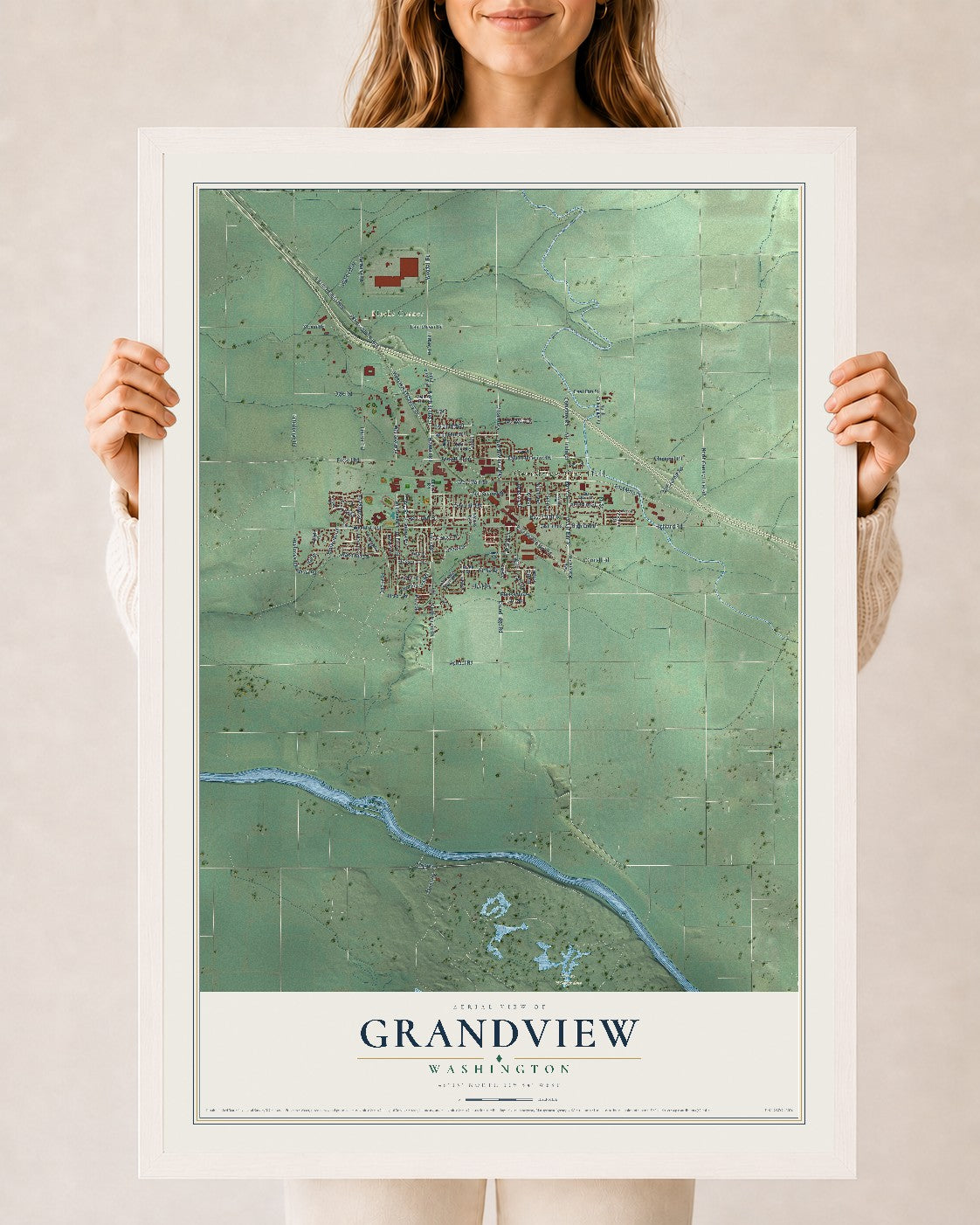 Map of Grandview, Washington, 24 x 36 inch print in a white wood frame
