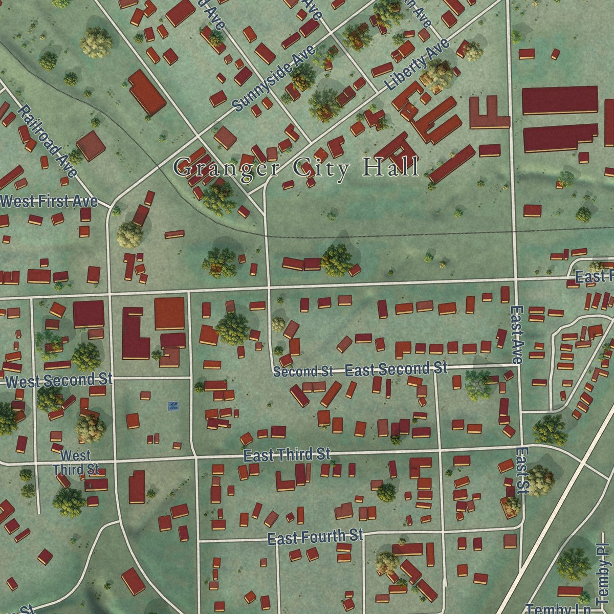 Close-up of the map of Granger, Washington print showing street and building detail