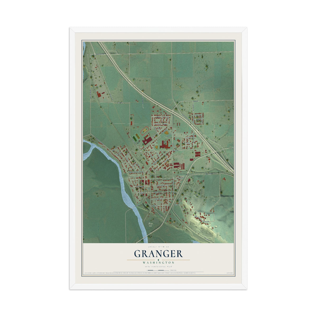 Map of Granger, Washington, 12 x 18 inch print in a white wood frame