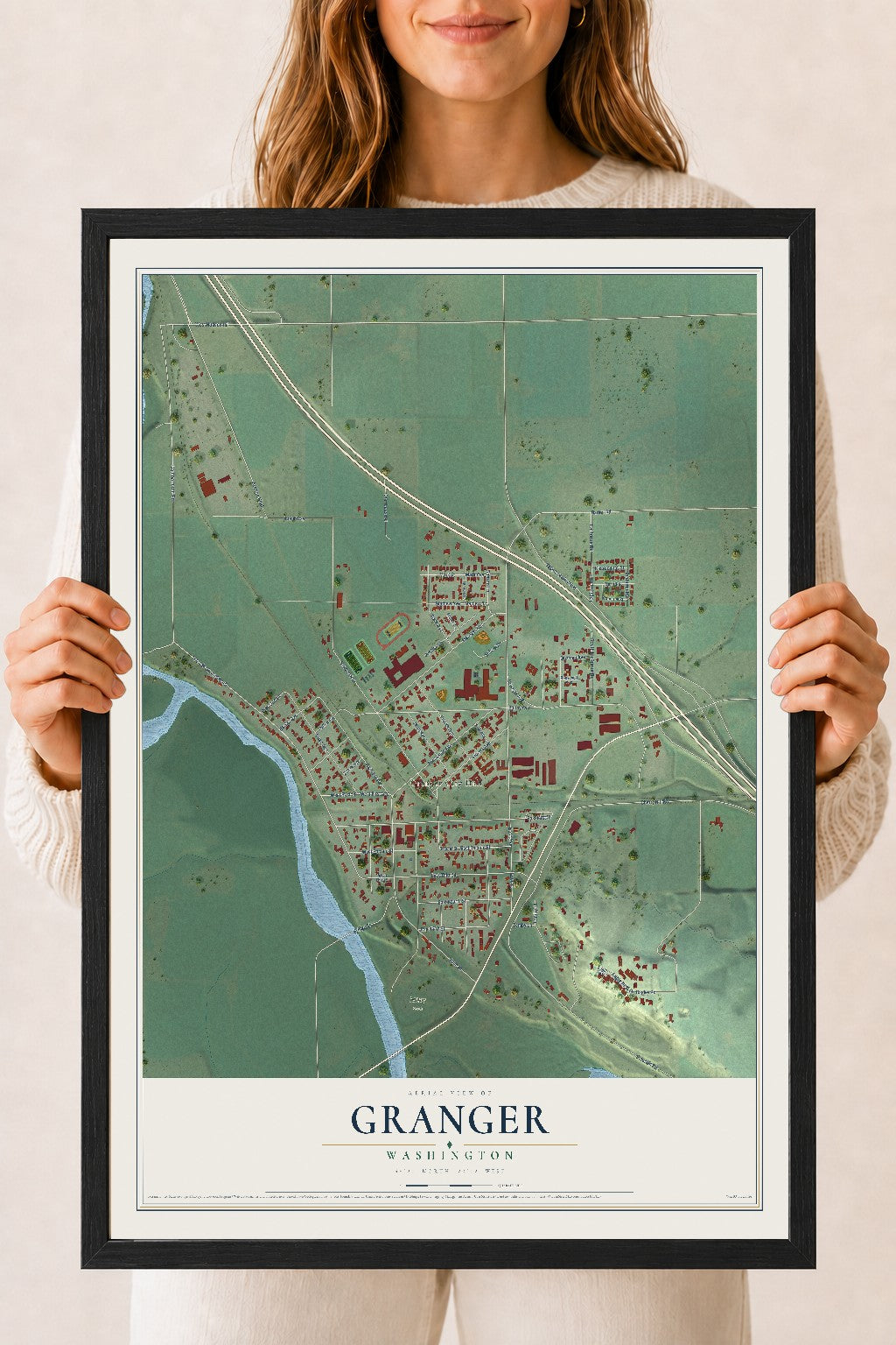 Map of Granger, Washington, 18 x 24 inch print in a black wood frame