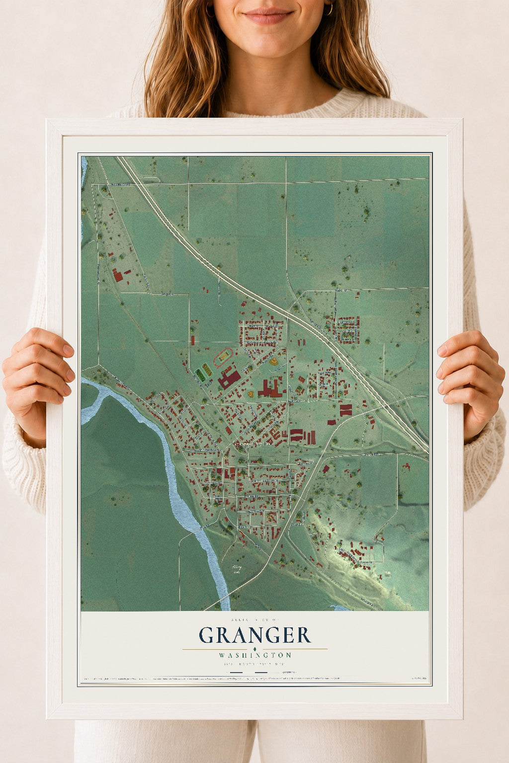 Map of Granger, Washington, 18 x 24 inch print in a white wood frame