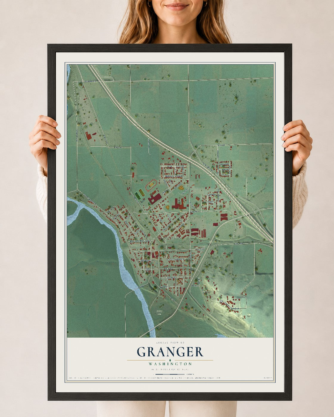 Map of Granger, Washington, 24 x 36 inch print in a black wood frame