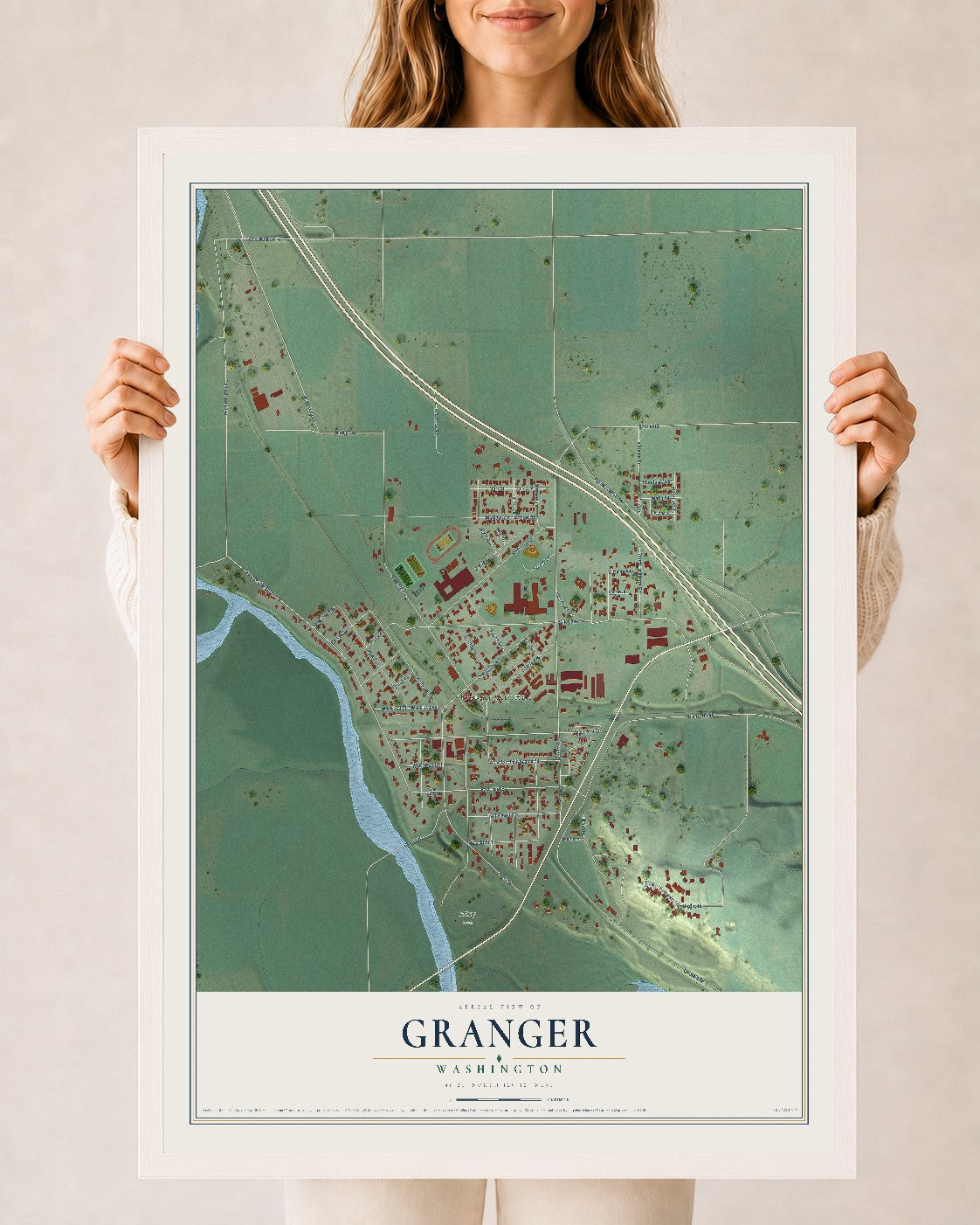 Map of Granger, Washington, 24 x 36 inch print in a white wood frame