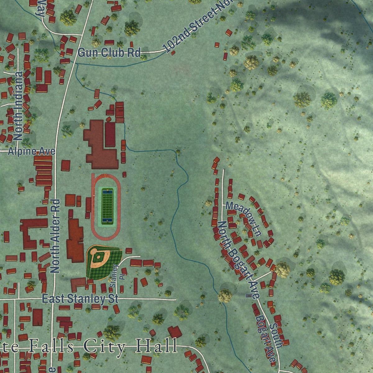 Second close-up of the map of Granite Falls, Washington print showing more streets and buildings