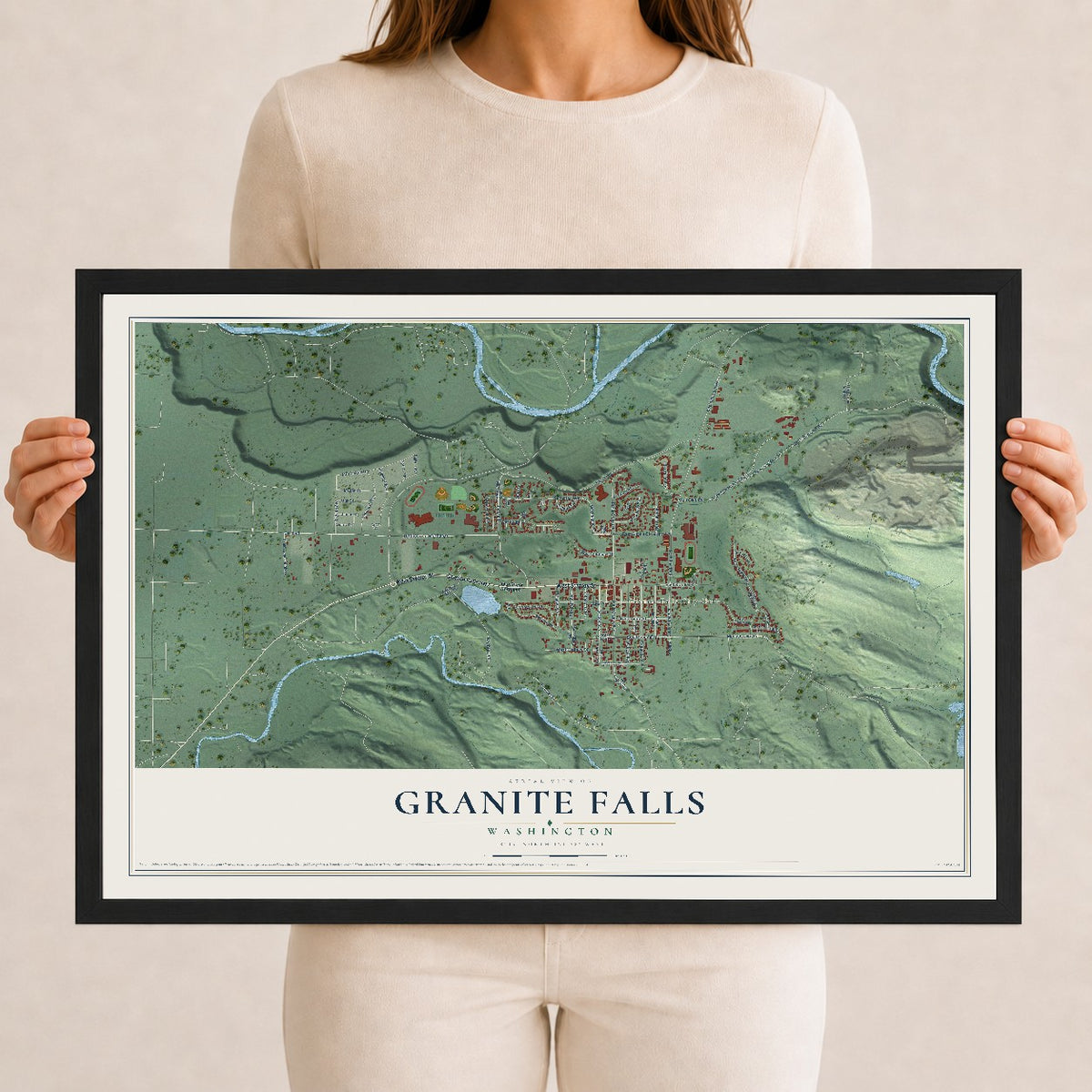 Map of Granite Falls, Washington, 12 x 18 inch print in a black wood frame