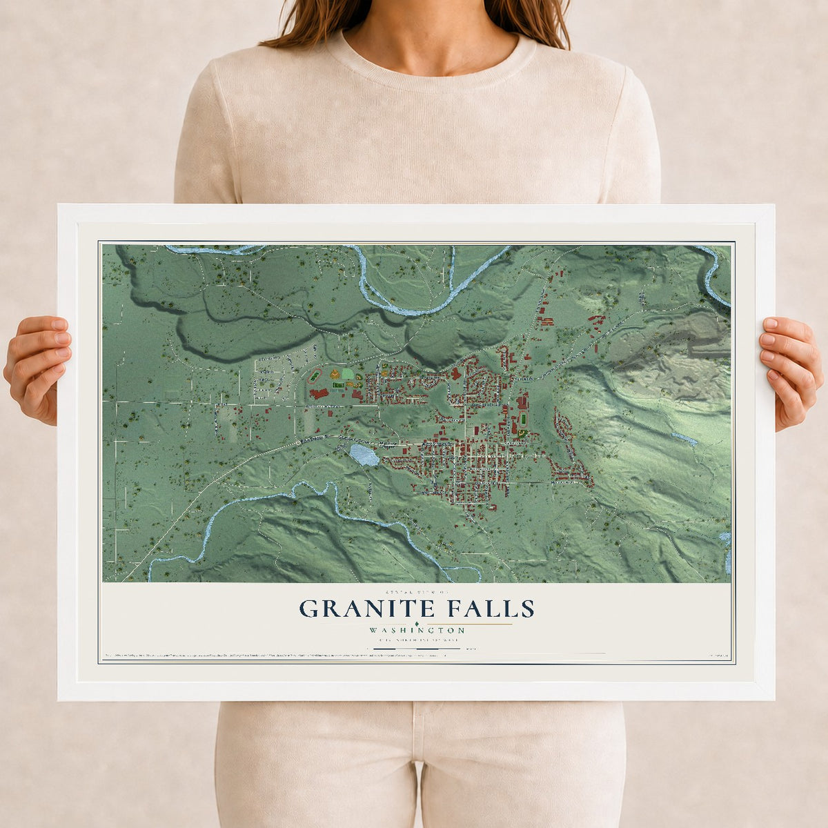 Map of Granite Falls, Washington, 12 x 18 inch print in a white wood frame