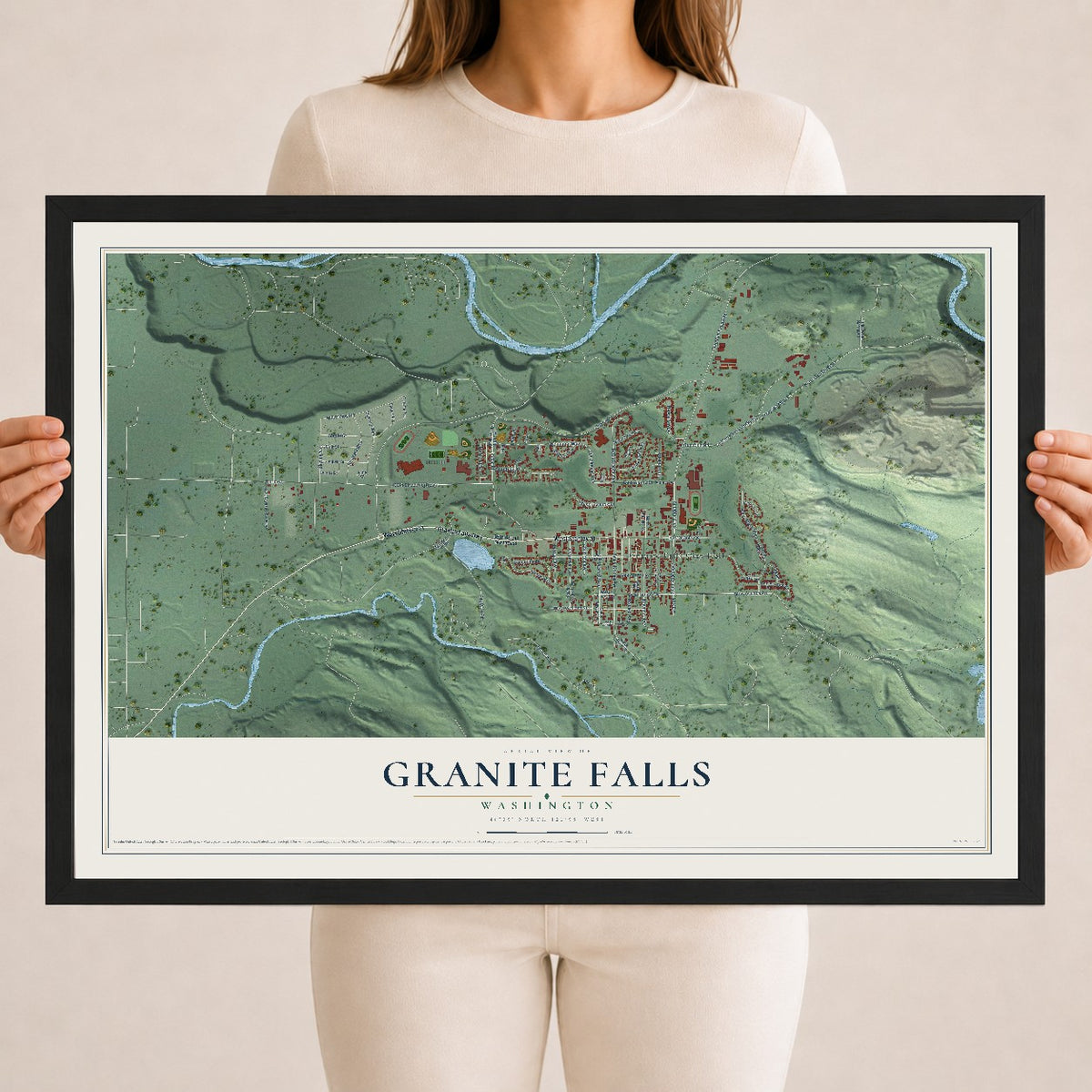 Map of Granite Falls, Washington, 18 x 24 inch print in a black wood frame