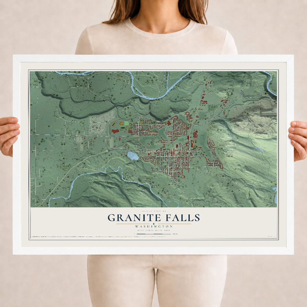 Map of Granite Falls, Washington, 18 x 24 inch print in a white wood frame