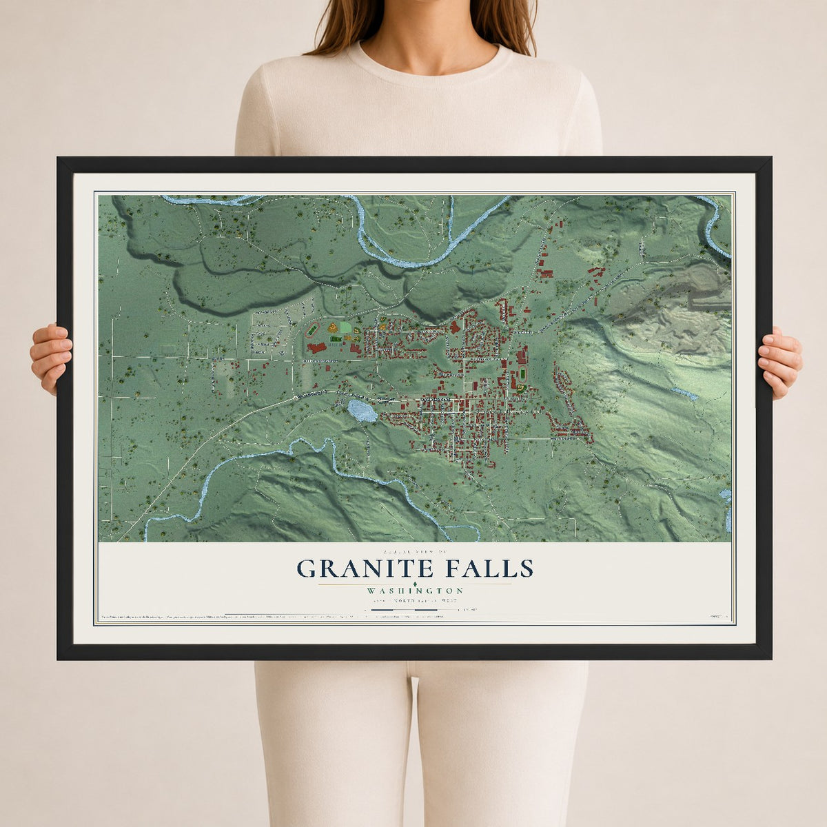 Map of Granite Falls, Washington, 24 x 36 inch print in a black wood frame
