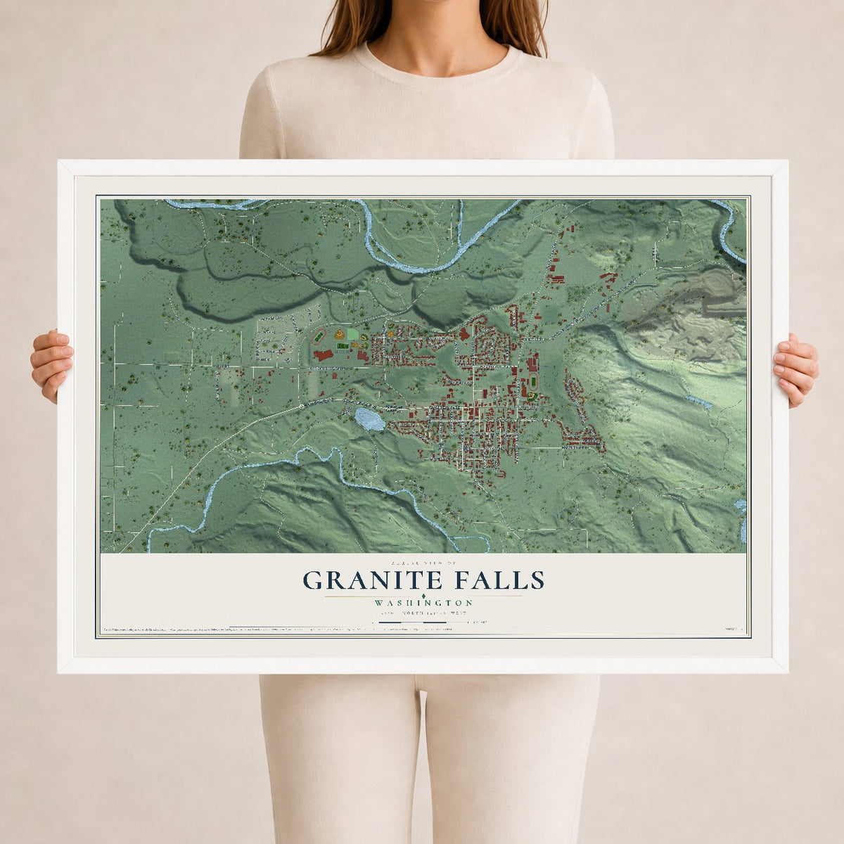 Map of Granite Falls, Washington, 24 x 36 inch print in a white wood frame
