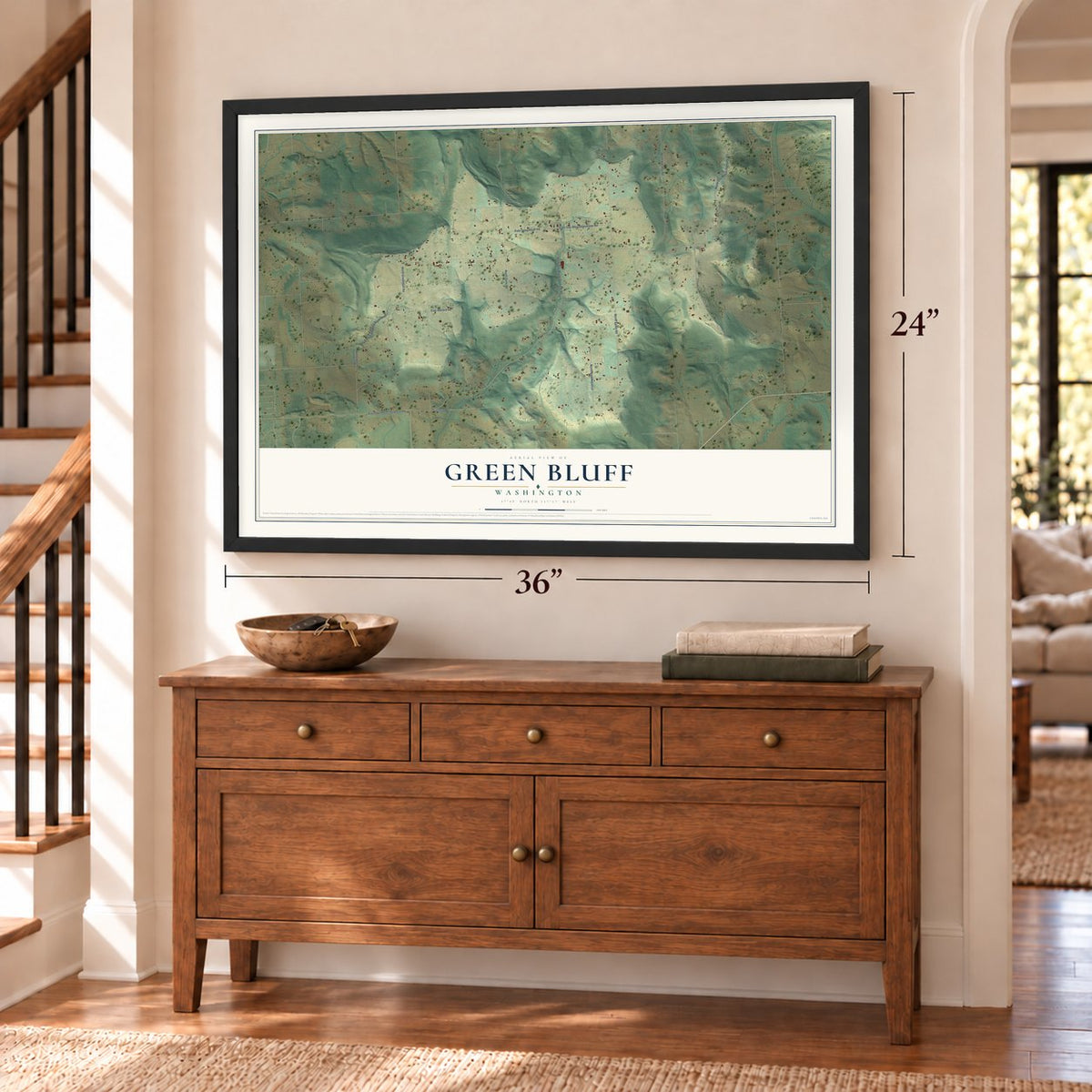 Green Bluff, Washington map, 24 x 36 inch print in a black frame above a dresser by a staircase