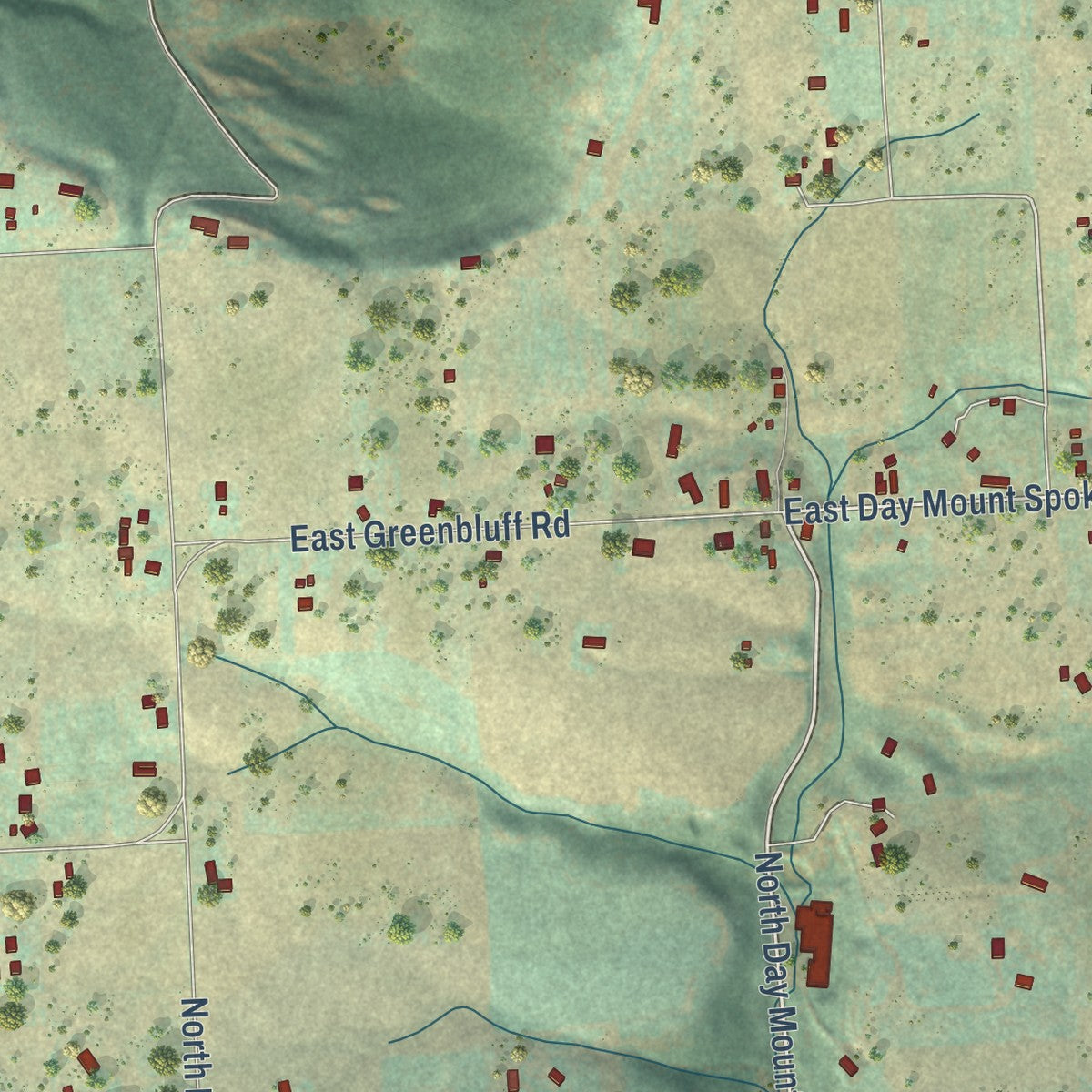 Close-up of the map of Green Bluff, Washington print showing street and building detail